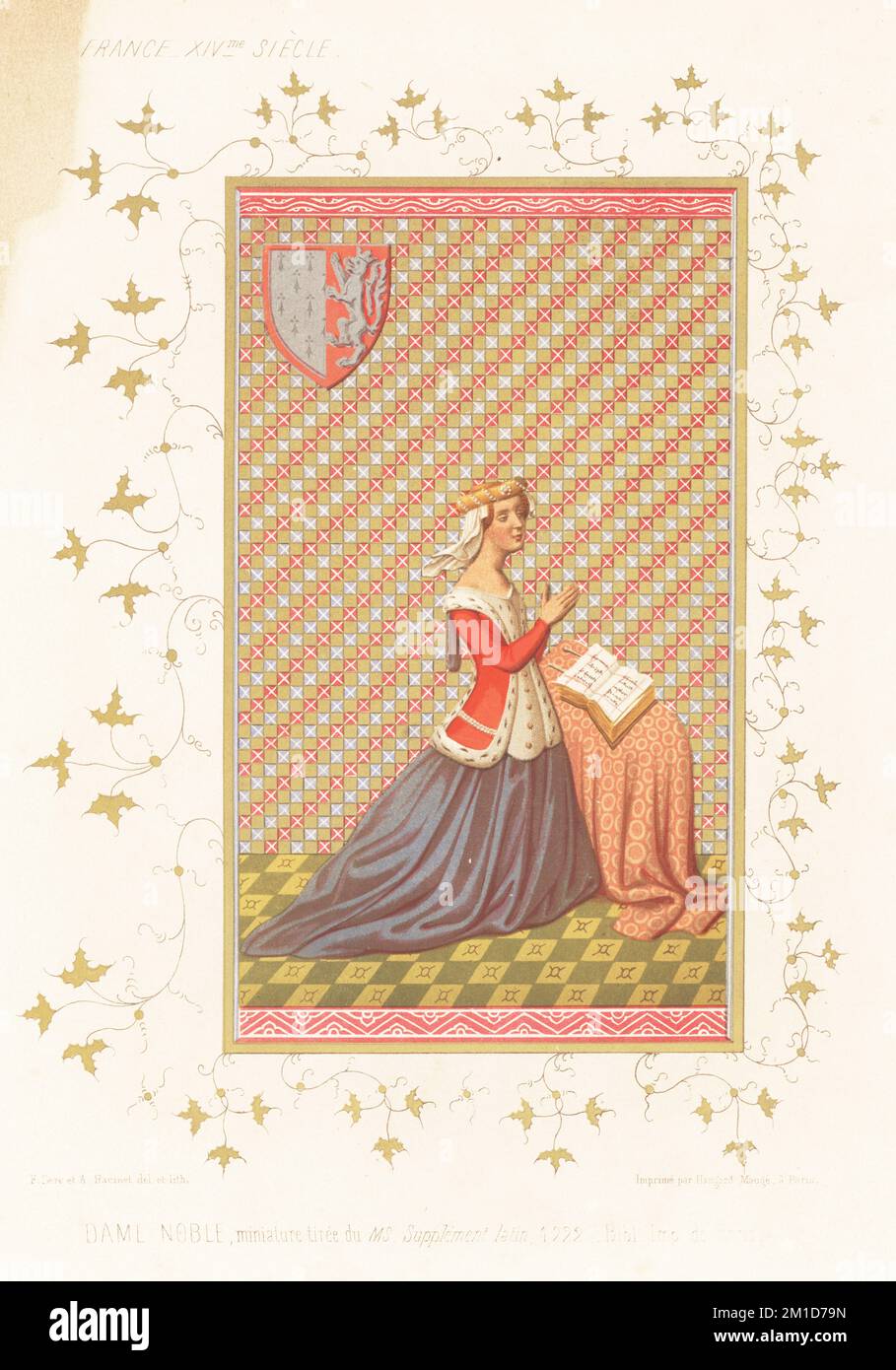 Marguerite de Clisson, noble francesa, 1372-1441. Condesa de Penthievre por matrimonio con Jean Ier de Chatillon, Conde de Penthievre, arrodillado en oración ante una Biblia en un atril, con su escudo de armas. De una miniatura del siglo 14th en un manuscrito iluminado livre d'heures titulado Liber precum, Latín 10528, f29v, Suplemento Latín 1222, Bibliotheque Imperial de París. Cromolitografía de Ferdinand Sere y Auguste Racinet de Les Arts Somptuaires, The Sumptuary Arts, Hangard-Mauge, París, 1858. Foto de stock