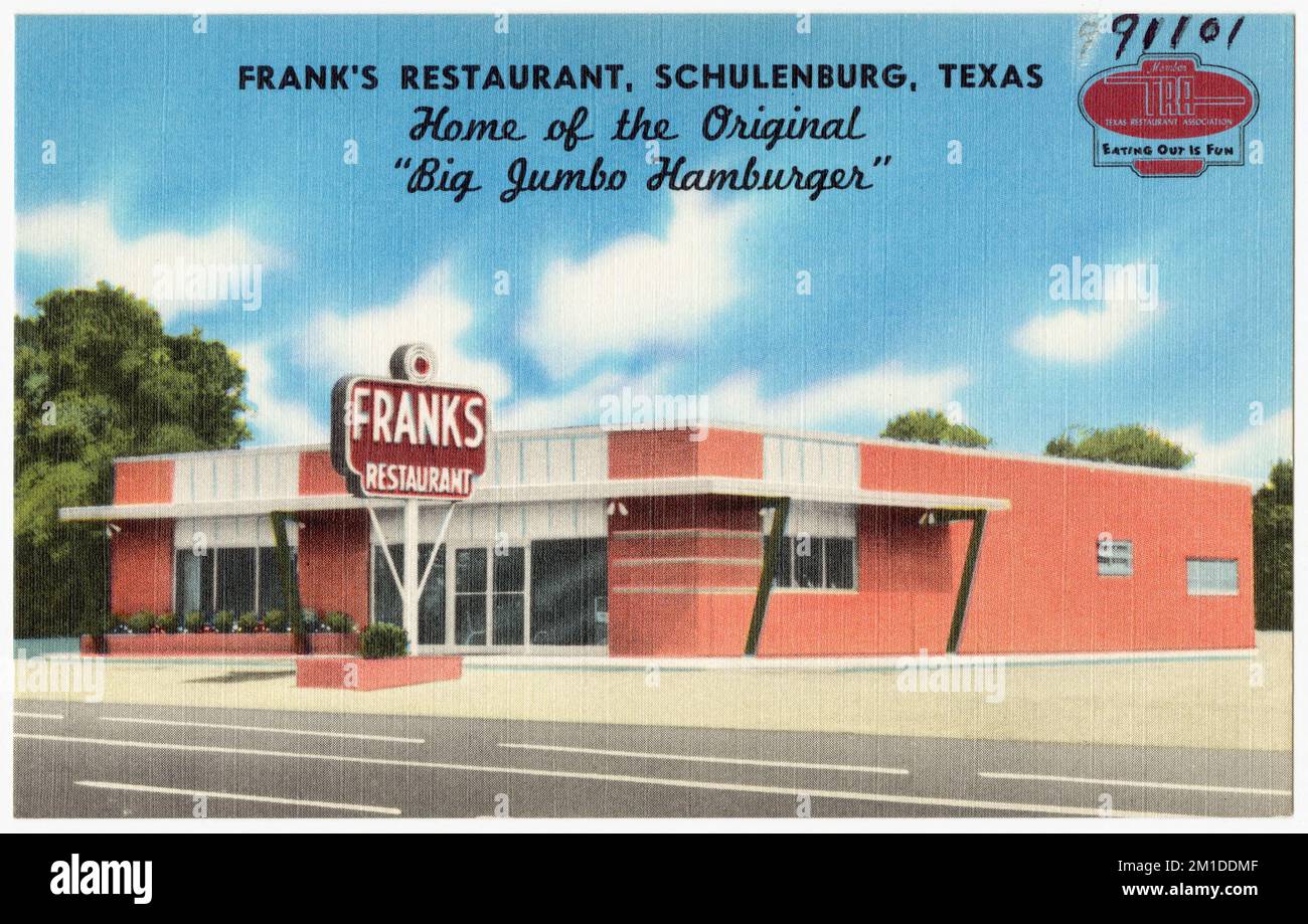 Frank's Restaurant, Schulenburg, Texas, hogar de la hamburguesa Big Jumbo  original, restaurantes, colección Tichnor Brothers, postales de los Estados  Unidos Fotografía de stock - Alamy