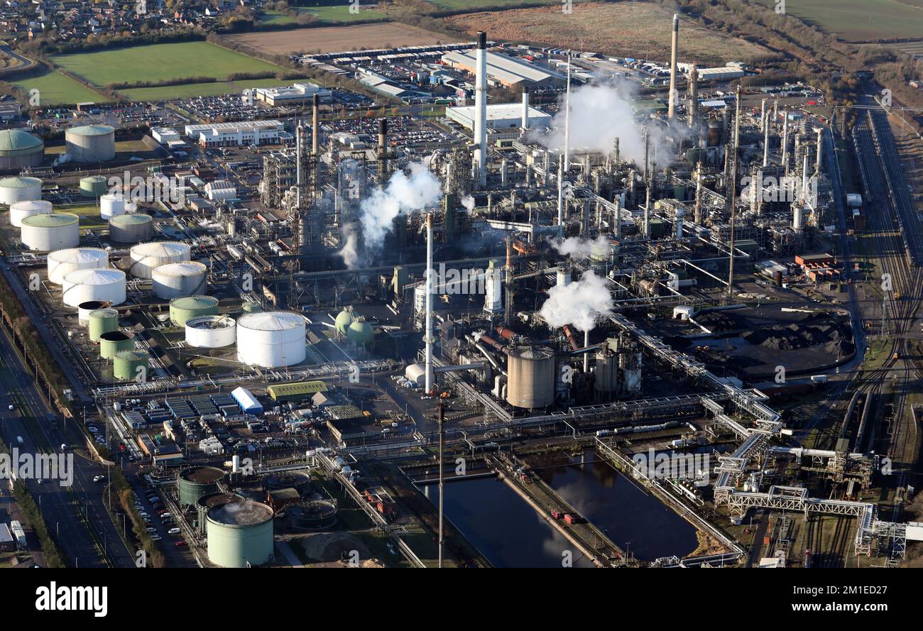 Vista aérea de la refinería Phillips 66 y los tanques de almacenamiento en South Killingholme, Imingham, North Lincolnshire Foto de stock