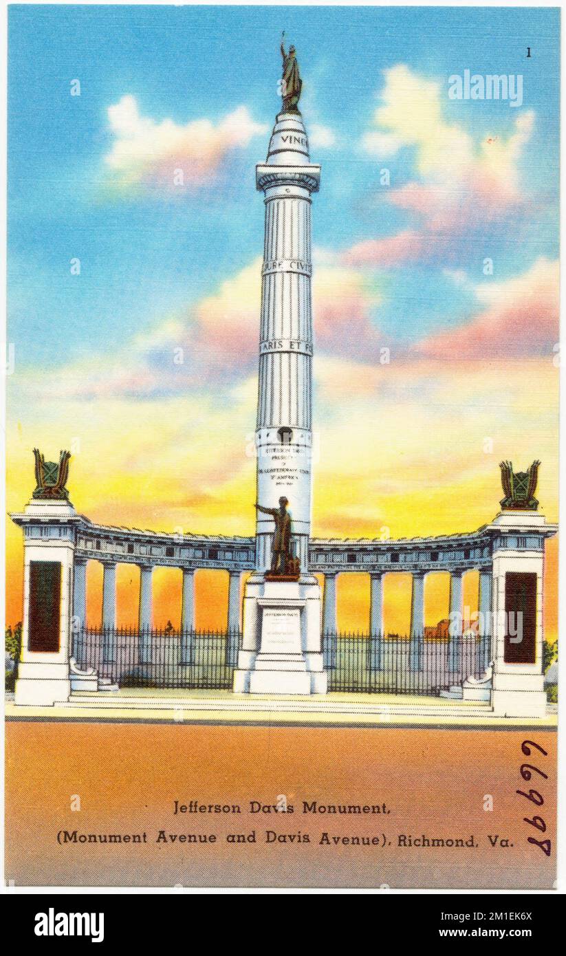 Monumento a Jefferson Davis (Monument Avenue y Davis Avenue), Richmond, Virginia , Monumentos y monumentos conmemorativos, Colección de los Hermanos Tichnor, postales de los Estados Unidos Foto de stock