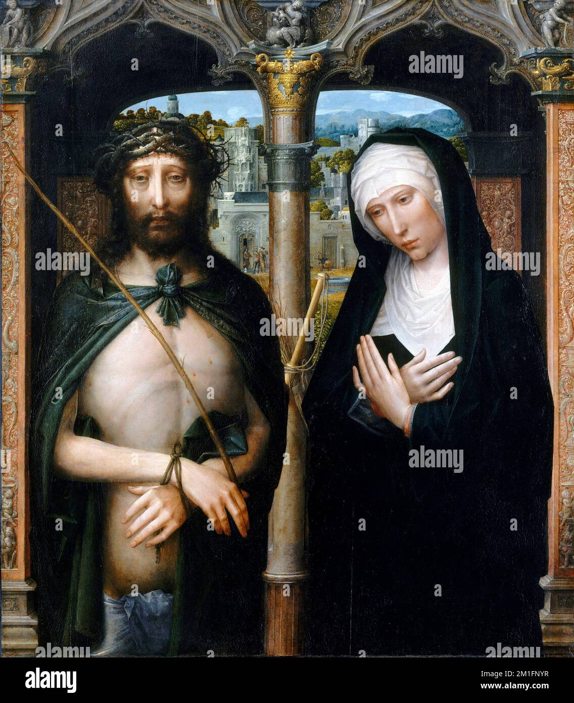 Cristo coronado con espinas (Ecce Homo), y la Virgen de Luto por Adriaen Isenbrandt (Adriaen Ysenbrandt:c. 1480/1490-1551), óleo sobre lienzo transferido de madera, c. 1530-40 Foto de stock