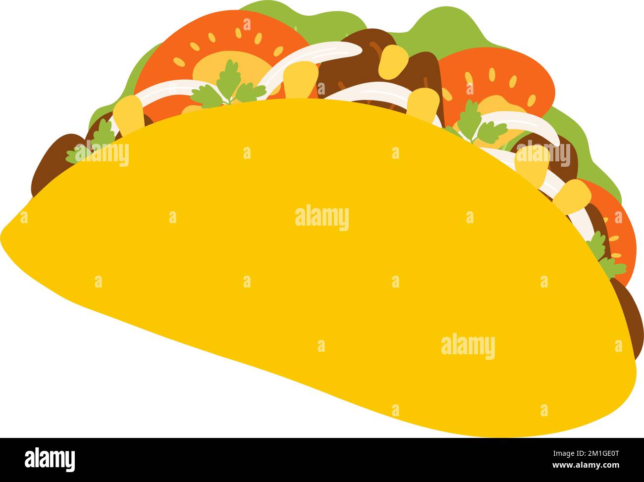Taco en estilo plano de dibujos animados. Ilustración vectorial dibujada a mano de la comida mexicana tradicional, la cocina popular, el plato latinoamericano con verduras frescas, la carne Imagen Vector de stock - Taco en estilo plano de dibujos animados. Ilustración vectorial dibujada a mano de la comida mexicana tradicional, la cocina popular, el plato latinoamericano con verduras frescas, la carne Imagen Vector de stock -
