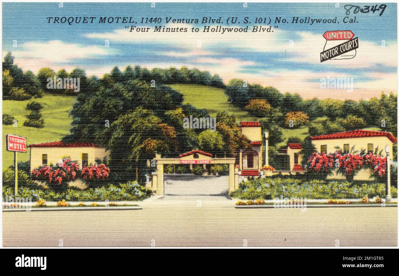 Troquet Motel, 11440 Ventura Blvd. (EE.UU. 101) No Hollywood, Cal., 'Cuatro minutos de Hollywood Blvd.' , Moteles, Colección de los Hermanos Tichnor, postales de los Estados Unidos Foto de stock
