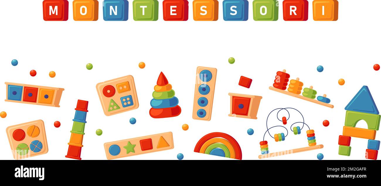 Juguetes lógicos de educación Montessori. Niños juguetes de madera para niños preescolares. Sistema Montessori para el desarrollo de la primera infancia. Bandera multicolor Ilustración del Vector