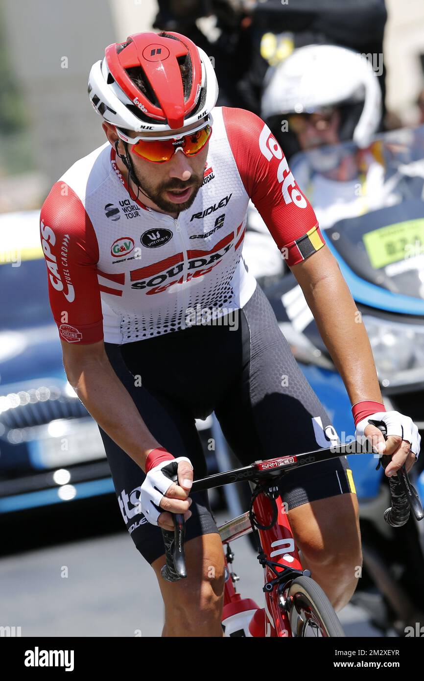 Belga Thomas De Gendt de Lotto Soudal fotografiado en acción durante la  octava etapa de la 106th ª edición de la carrera de ciclismo Tour de  Francia, de Macon a Saint-Etienne (200