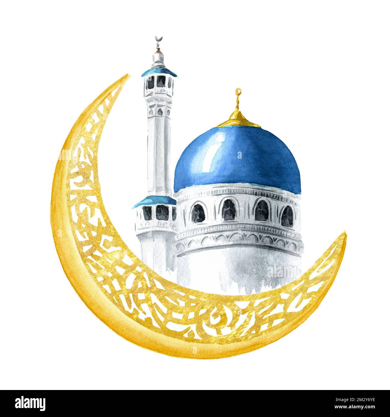 Ramadán decoración dorada aislada sobre fondo blanco. Creciente