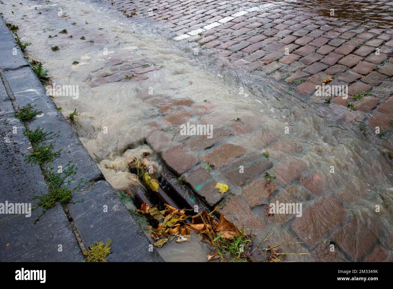 La ilustración muestra la lluvia que corre hacia el sistema de alcantarillado, durante fuertes La ilustración muestra la lluvia que corre hacia el sistema de alcantarillado, durante fuertes
