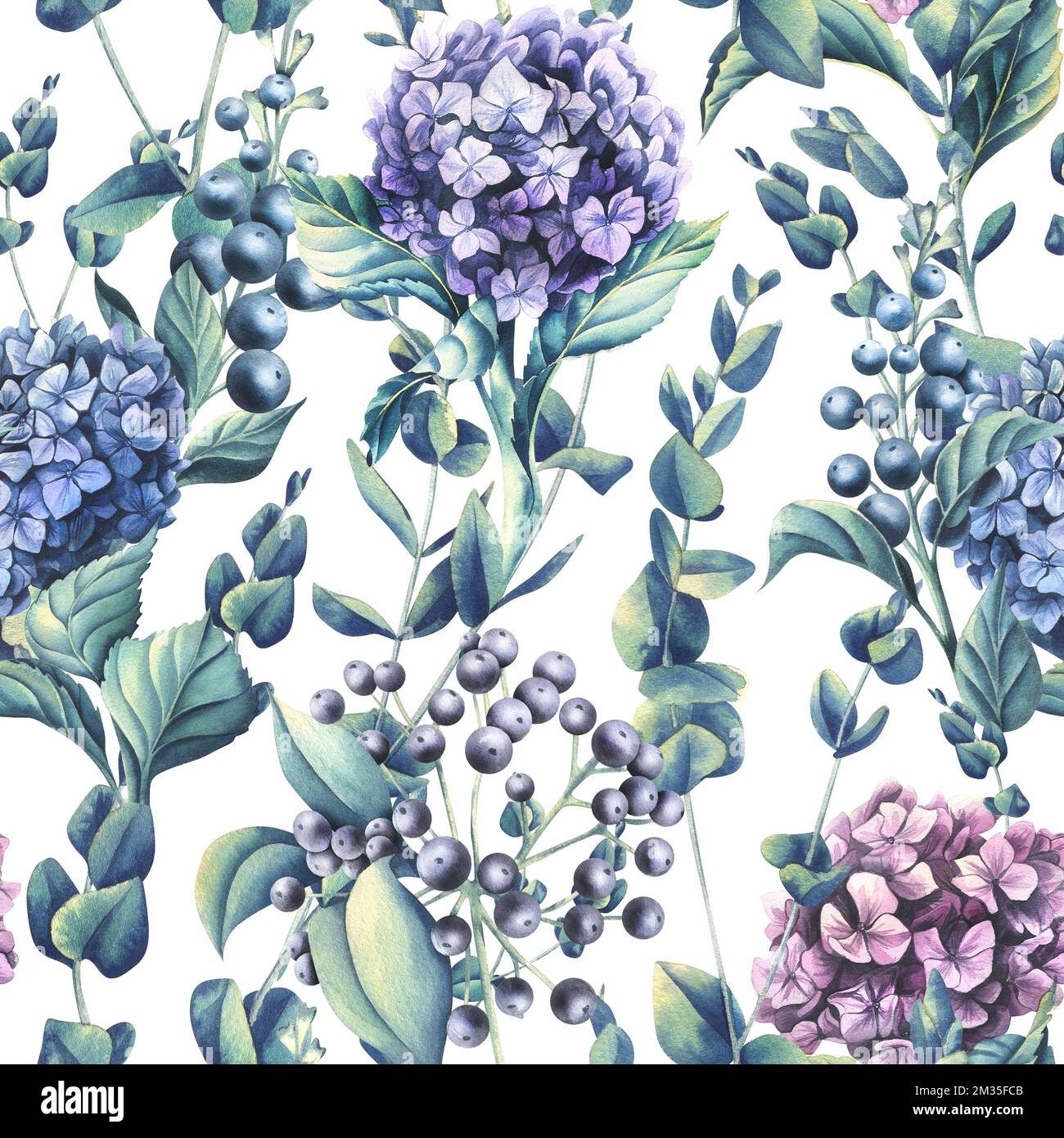 Flores de hortensias de color azul, lila y rosa con ramas de eucalipto  sobre fondo blanco. Ilustración de acuarela. Patrón sin costuras de la  Fotografía de stock - Alamy