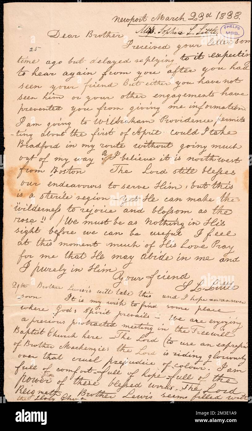 Carta de Sophia Louisa Little, Newport, a Amos Augustus Phelps, Marzo