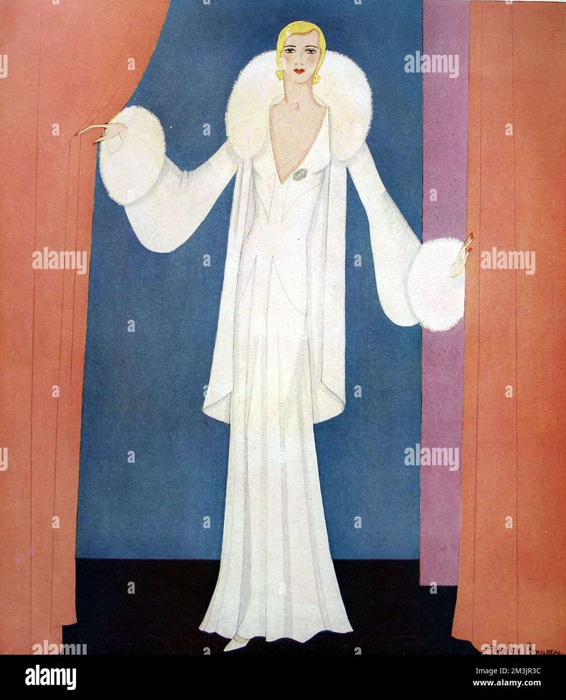 Placa de moda por Gordon Conway, mostrando un elegante vestido de noche en crepe blanco pesado con una falda de línea de princesa emparejada con una envoltura de chifón-terciopelo blanco adornada con piel de zorro blanco. 1930 Foto de stock