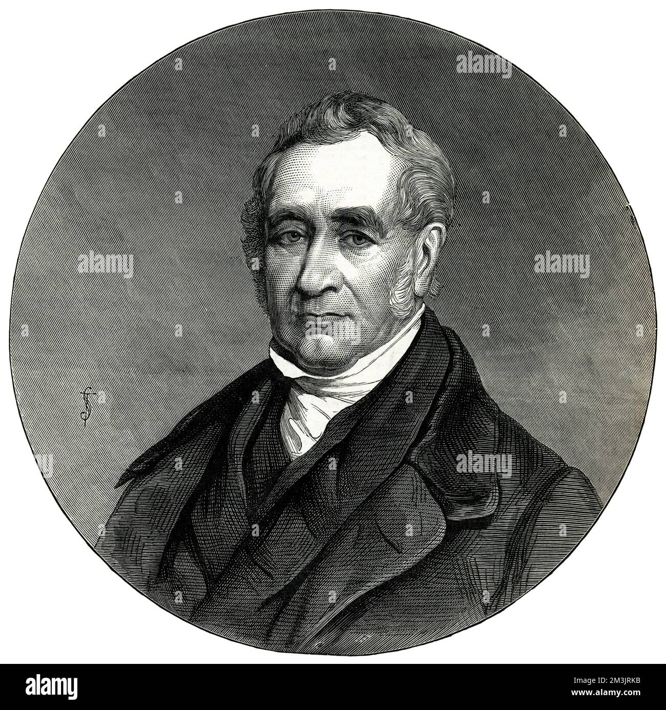 George Stephenson (1781 - 1848), ingeniero ferroviario inglés, padre de los ferrocarriles. En 1814, en Killingworth Colliery, donde fue empleado como un motor-wright, construyó una máquina de vapor que podía tirar toneladas de carbón hasta una colina a 4mph. La locomotora fue llamada 'Blucher', y tenía dos cilindros verticales dejados entrar en la caldera desde el motor de pistón, lo que le permitió tirar grandes cantidades de carbón. Stephenson construyó varias locomotoras y en 1819, se le permitió comenzar a trabajar en el ferrocarril de Stockton a Darlington. El ferrocarril abrió sus puertas al público en 1825. Stephenson es probabl Foto de stock