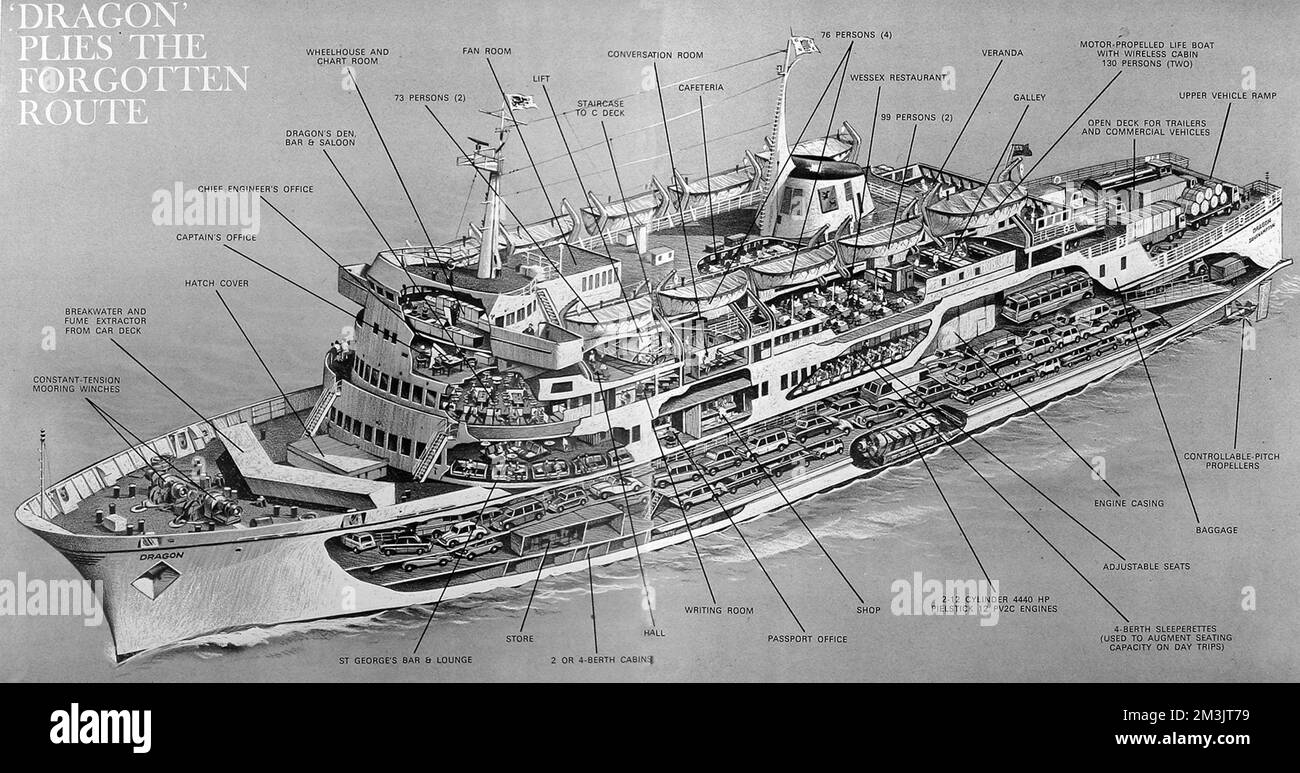 Ilustración de la travesía de pasajeros / vehículo ferry 'Dragon', noviembre de 1967. Construido por 2 millones de dólares en 1967, fue el ferry contemporáneo más grande del Canal y se cree que fue el primer buque de pasajeros construido en Francia para la propiedad británica. 1967 Foto de stock