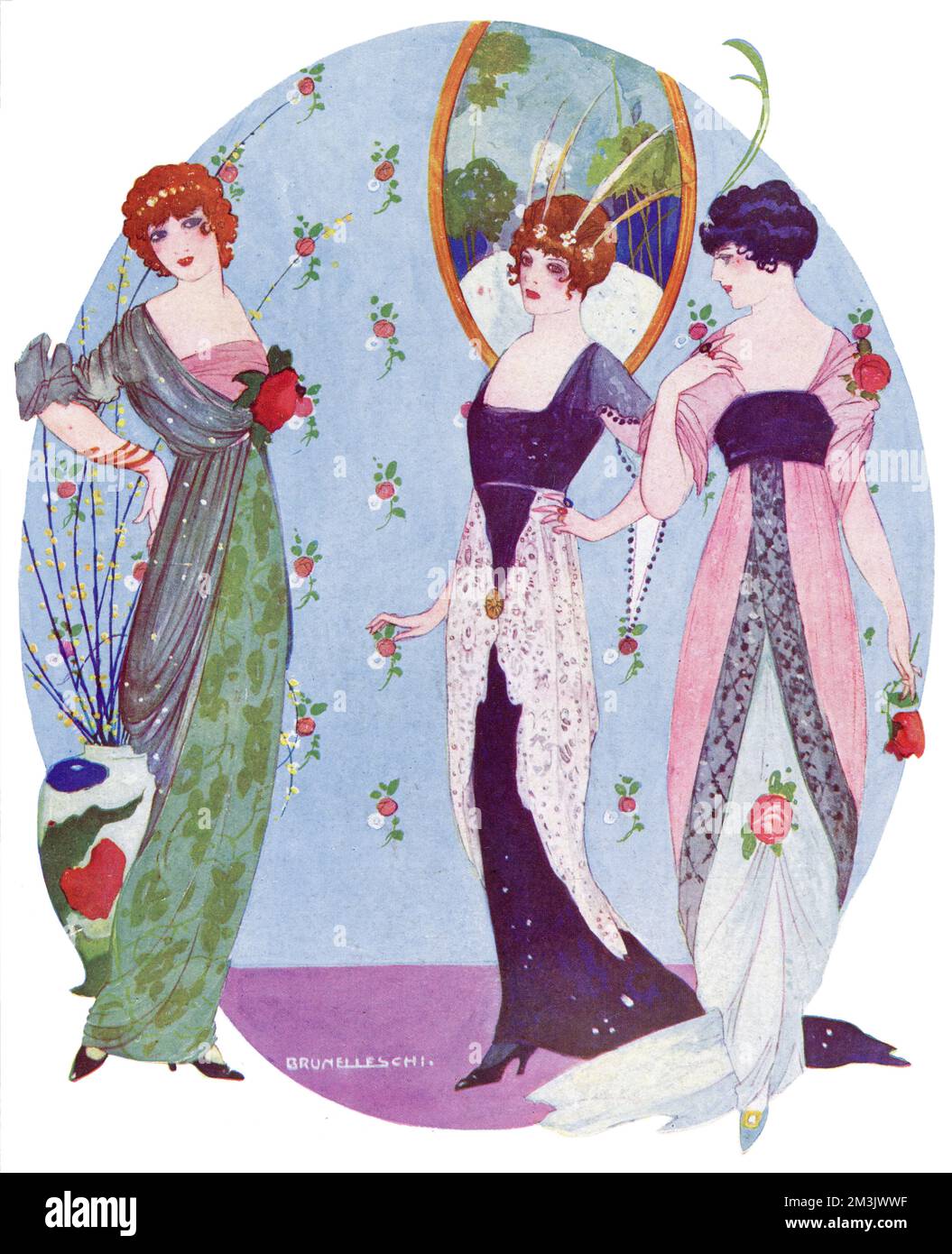 Mujeres que usan colores vivos y elegantes vestidos de línea de moda de  damas a principios del siglo XX. A la izquierda: Un vestido de noche en  brocado verde y azul velado