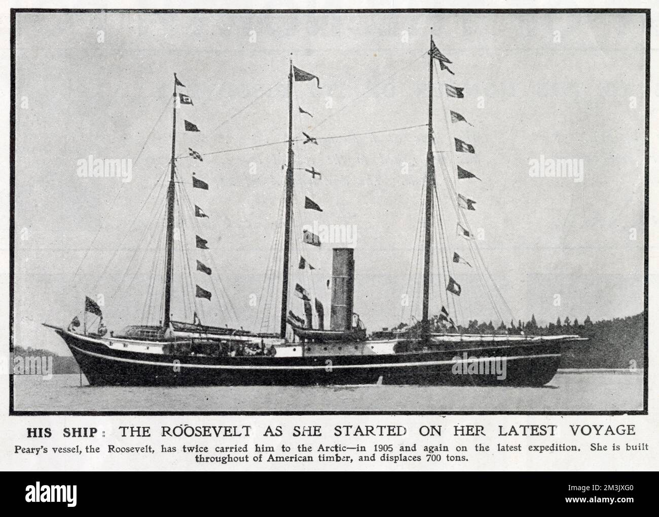 El barco de vapor 'Roosevelt' partió hacia el Ártico al comienzo de la Expedición al Polo Norte de Robert E. Peary en 1908-1909. Esta nave de exploración polar de 700 toneladas llevó a Peary al cabo Sheridan en la isla Ellesmere, desde donde hizo su exitoso intento de llegar al Polo Norte. Foto de stock