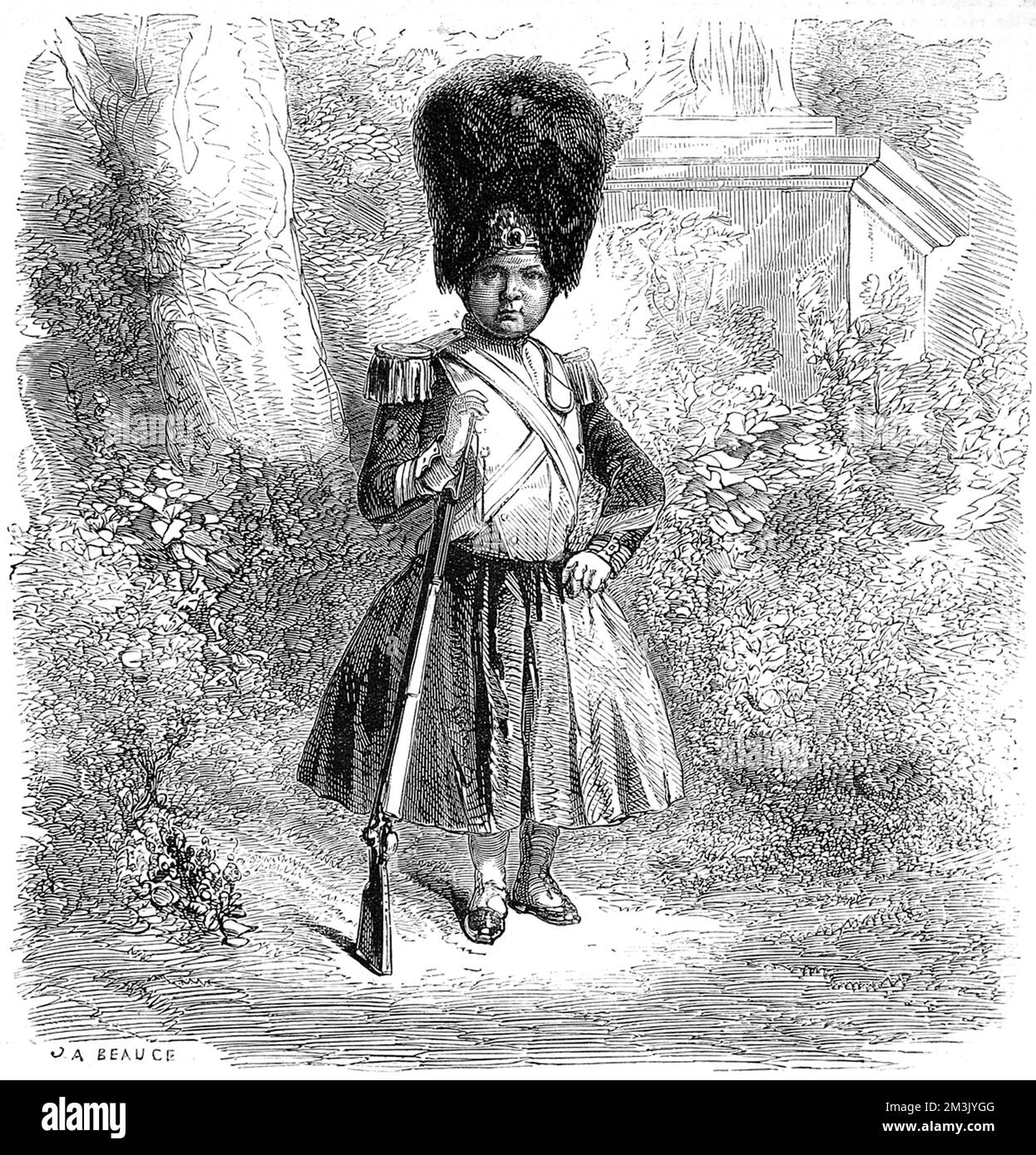 El niño Príncipe Imperial vestido militar completo, con un pequeño rifle, prefigurando su muerte en uniforme veinte años más tarde en 1879, 1st de junio, durante una emboscada en las guerras de Zulu. Fecha: 1859 Foto de stock