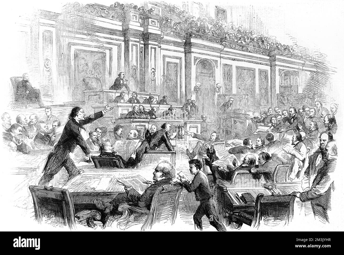 División rife en la Cámara de Representantes Americana como los estados confederados de América se forman bajo Jefferson Davis en oposición a Abraham Lincoln y sus partidarios en el Norte que querían abolir la esclavitud. Fecha: 1861 Foto de stock
