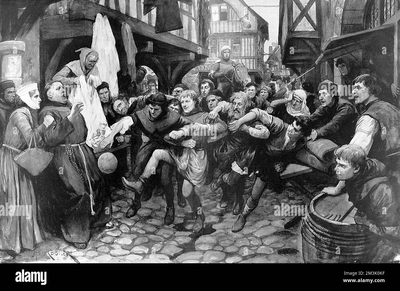 Ilustración de un juego de fútbol que se juega en las calles de Londres durante el siglo 14th. El fútbol de esta época, jugado sin reglas en estrechas calles medievales, era a la vez fantásticamente popular e igualmente violento. En 1314, un grupo de comerciantes londinenses le pidió al rey Eduardo II que prohibiera jugar al fútbol, debido al impacto que estaba teniendo en su negocio. El rey estaba encantado de prohibir el juego, sintiendo que 'podrían surgir males...' de jugar al fútbol. Fecha: 1905 Foto de stock