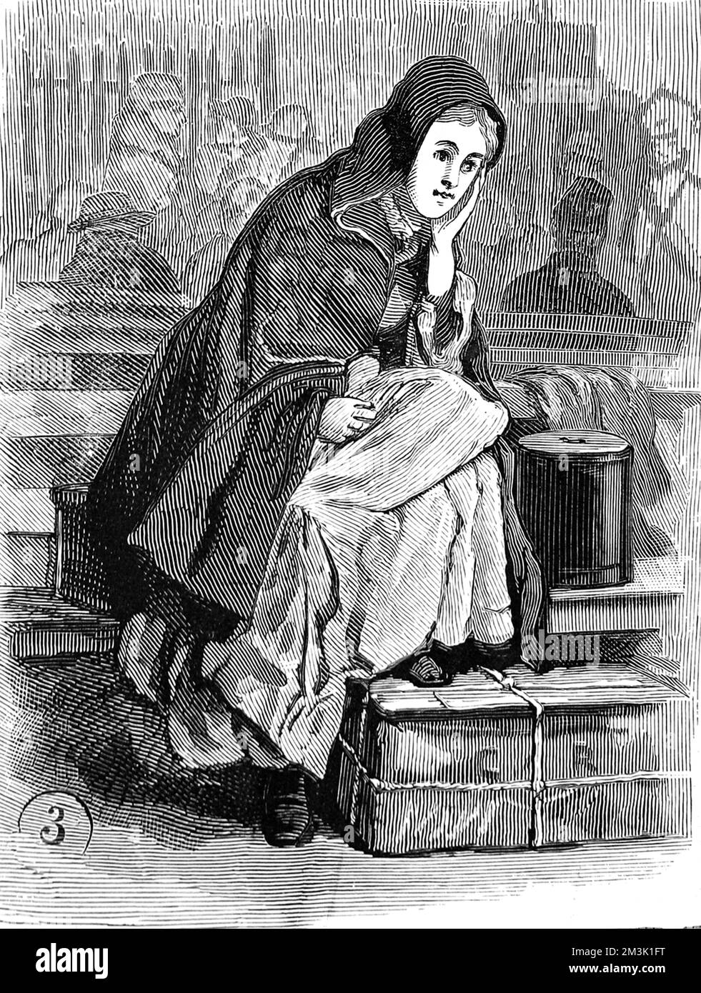 Una joven emigrante espera en el depósito de inmigración de Nueva York por su cuenta. Con sus pies en su caja y envuelta en una capa, ella está mirando con astucia la distancia. Fecha: 1886 Foto de stock