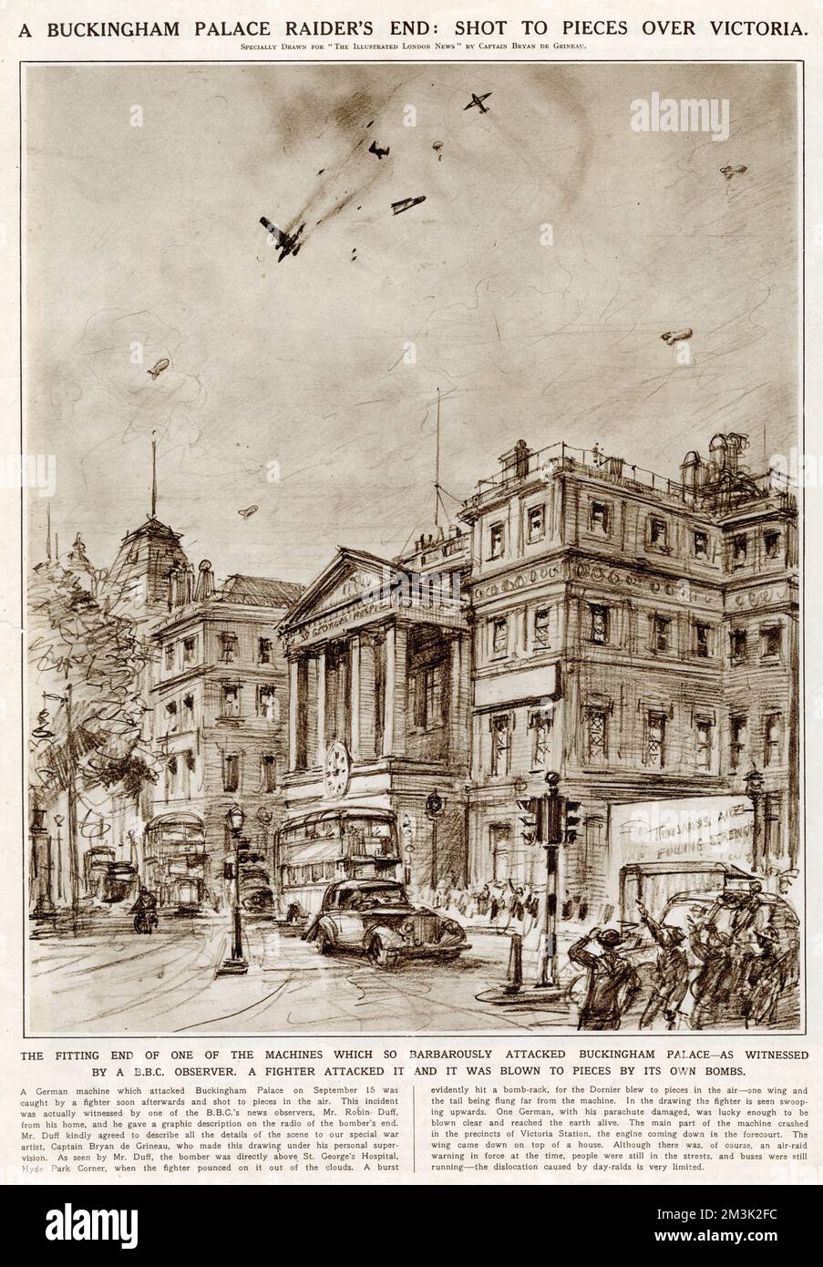 La destrucción de un bombardero alemán en el aire, después de haber sido disparado por un caza de la RAF, sobre Victoria en Londres. El avión alemán había estado intentando bombardear el Palacio de Buckingham en medio del día, cuando el caza británico lo interceptó. Foto de stock