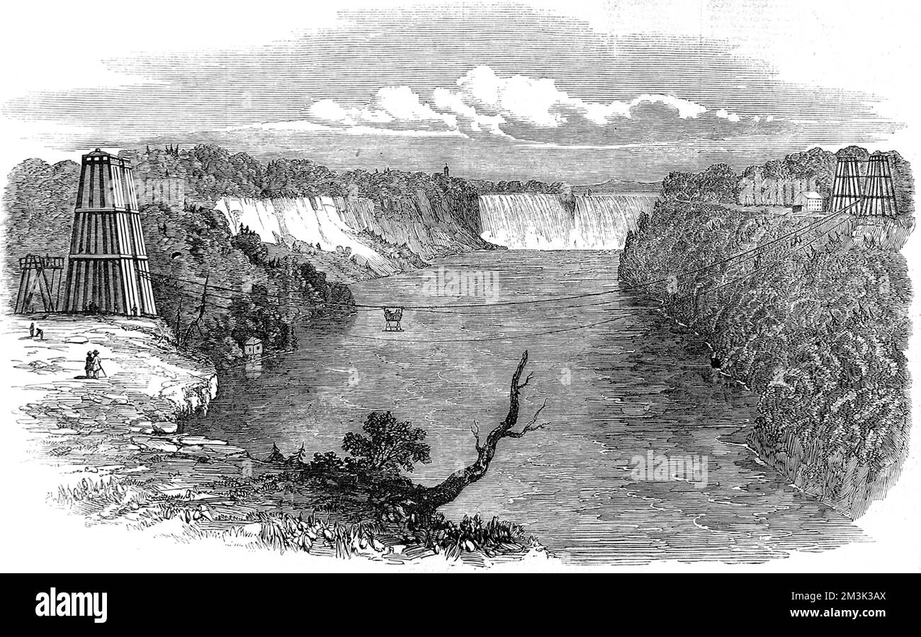 El ferry de la cesta y las torres temporales construidas antes de la construcción de un puente colgante de las Cataratas del Niágara, EE.UU. Fecha: 1849 Foto de stock