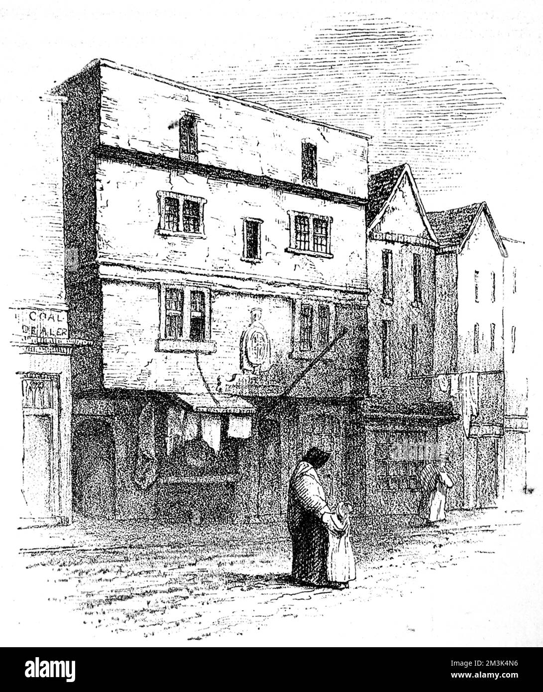 Grabado que muestra el exterior del Teatro Fortune, en St Giles, Cripplegate, Londres, bosquejado en 1840. Fecha: 22 de febrero de 1879 Foto de stock
