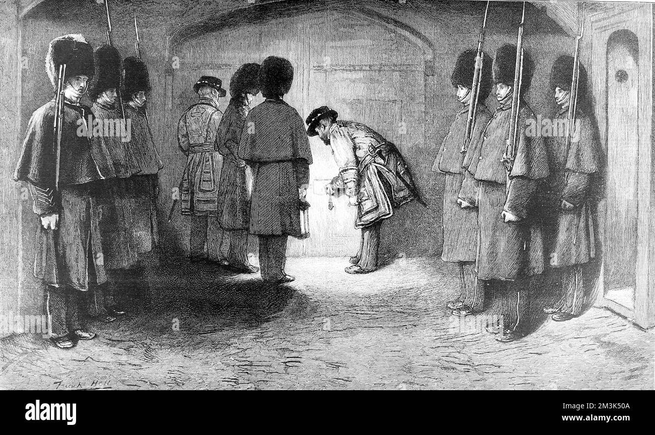 Parte de la Ceremonia de las Llaves en una de las puertas de la Torre de  Londres, 1875. Un destacamento de guardias, con sus sombreros de piel de  oso, se mantiene al