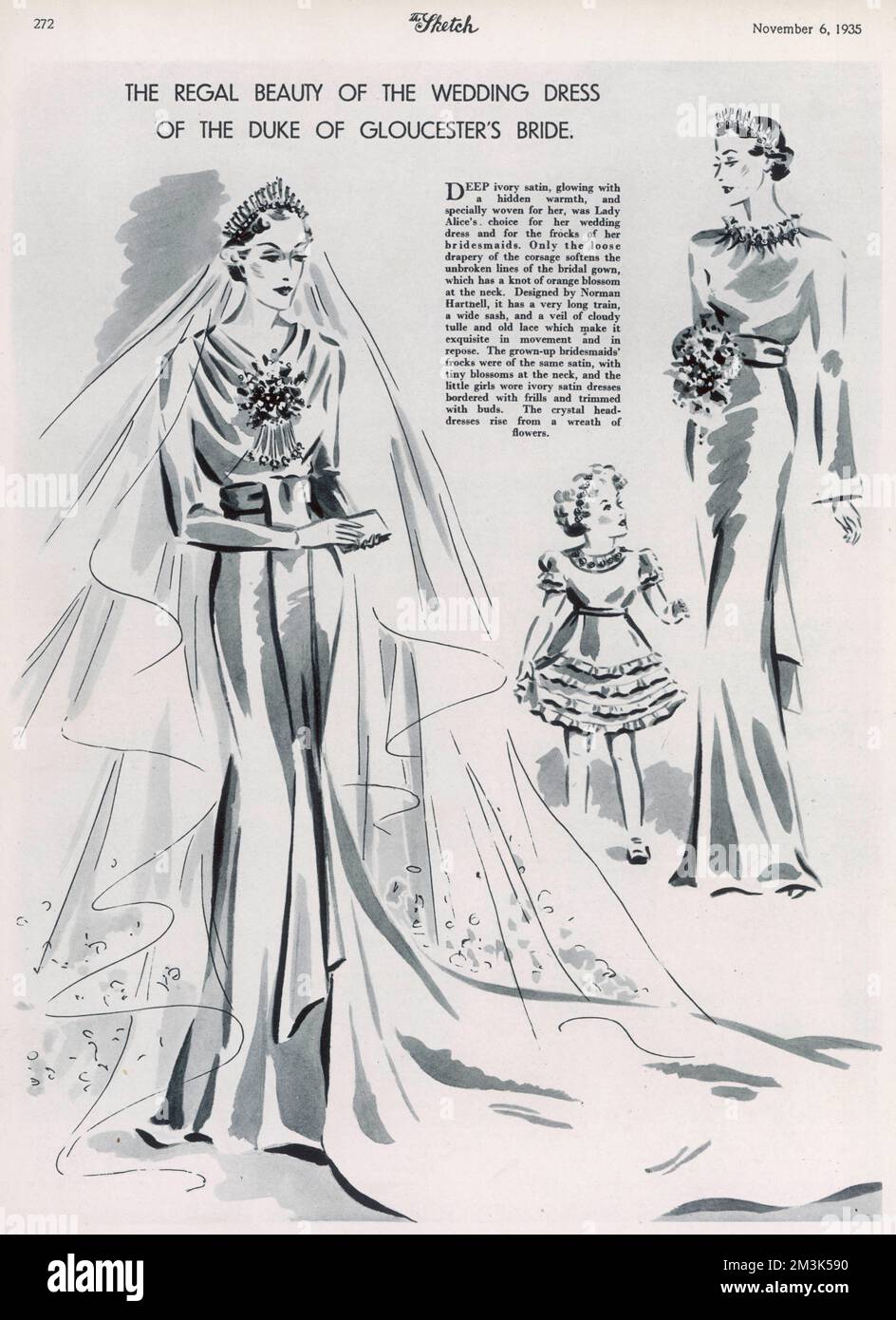 El vestido de novia de Lady Alice Scott hecho de un profundo satén marfil, diseñado por Norman Hartnell para su matrimonio con el Príncipe Henry, Duque de Gloucester en noviembre de 1935. 1935 Foto de stock