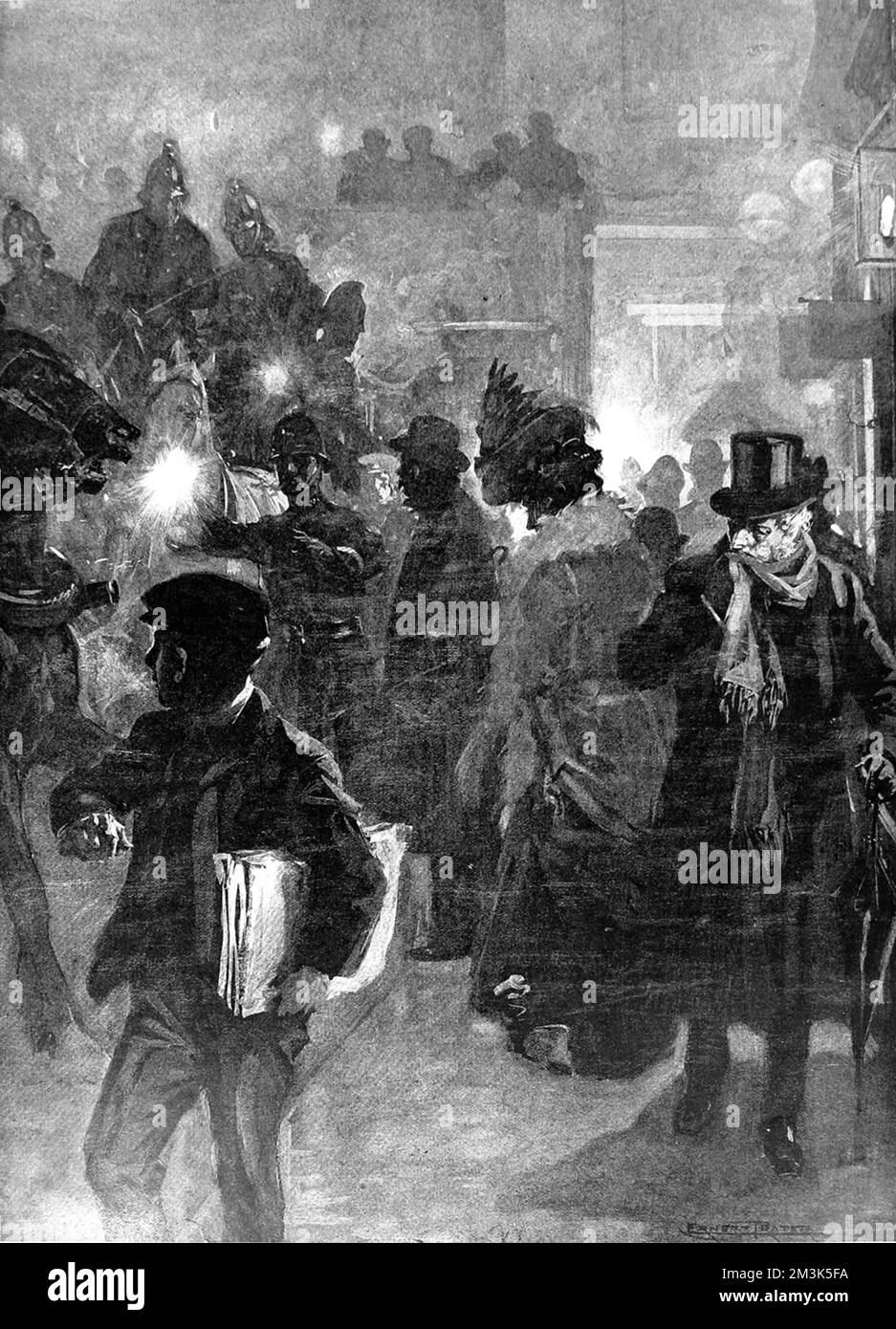 Escena callejera en Londres, durante una niebla particularmente intensa, 1908. En esta imagen un policía, con una antorcha, está tratando de detener el tráfico para permitir que la Brigada de Bomberos pase. 1908 Foto de stock