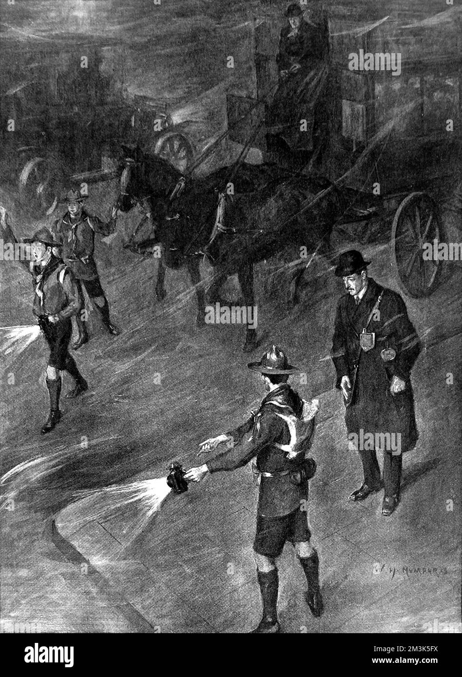 Dos Boy Scouts dirigiendo el tráfico y peatones, durante una intensa niebla en Londres, 1909. 1909 Foto de stock