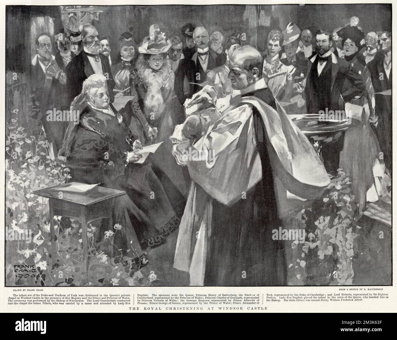 El bautizo del príncipe Henry William Frederick Albert (1900 - 1974), más tarde el duque de Gloucester, en el castillo de Windsor en Berkshire, 1900. Entre los asistentes al evento en la capilla privada de la Reina en el castillo se encontraban la Reina Victoria (a la izquierda) y el Príncipe y la Princesa de Gales (a la derecha). Foto de stock