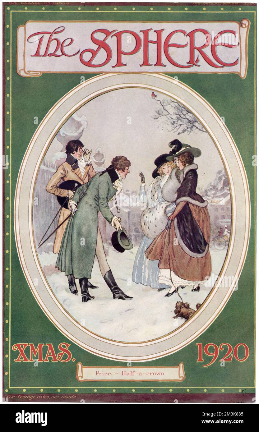 Ilustración de portada de una escena de época que muestra a un hombre inclinándose para saludar a dos damas. Foto de stock