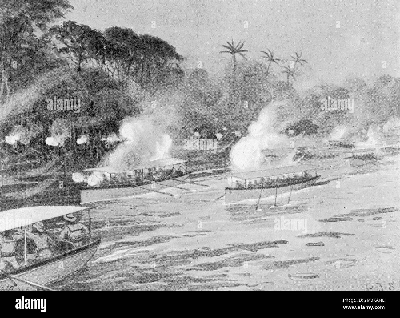 Barcos bombardeando la posición del enemigo en el río Jong en Sierra Leona, África Occidental, durante la expedición Mendi, donde el batallón 3rd del regimiento de las Indias Occidentales fue enviado para reprimir un levantamiento. 1898 Foto de stock