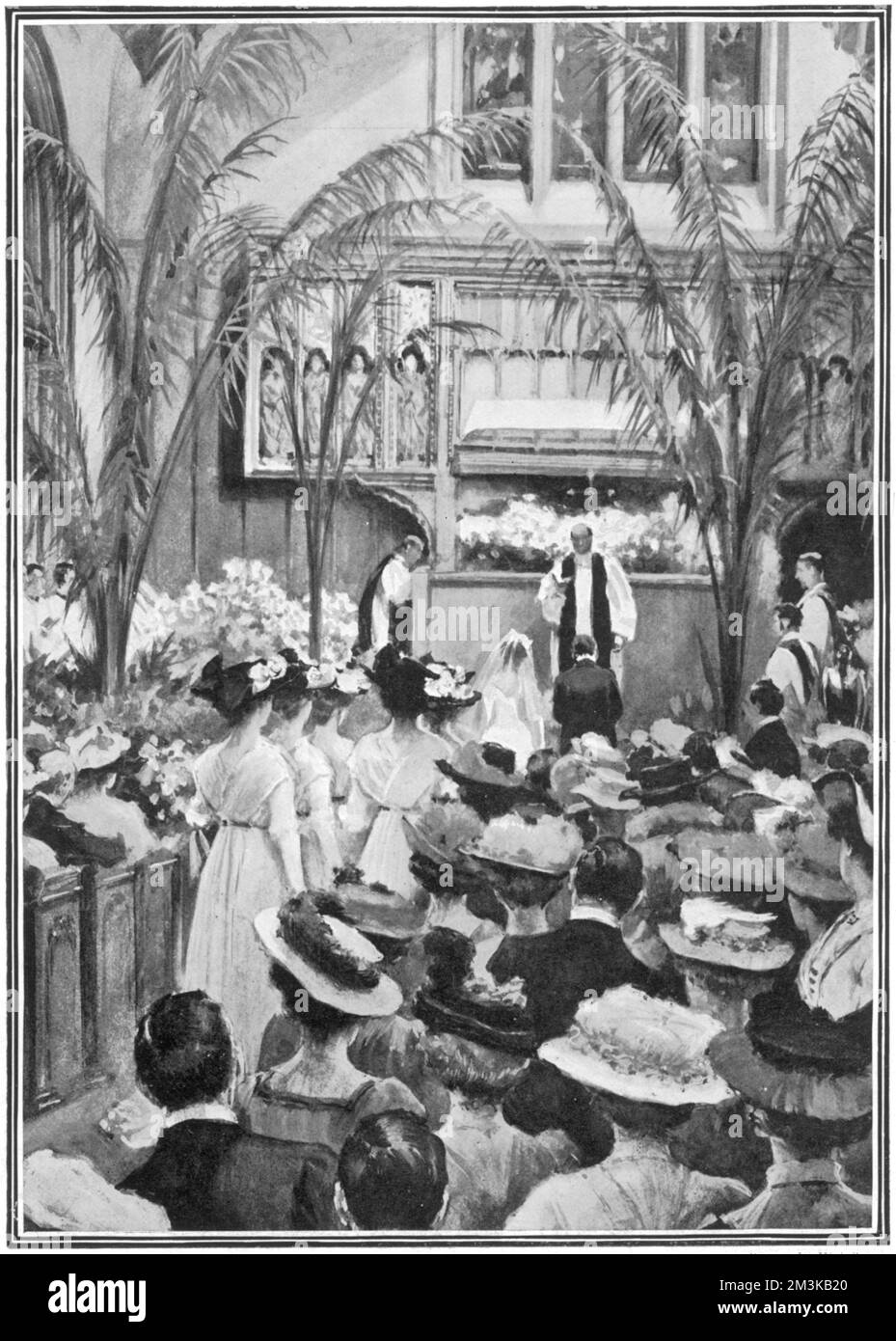 La impresión del artista por Wal Paget de la ceremonia del matrimonio en St Iglesia de Margaret en Westminster entre el Sr. Winston Churchill y la Srta. Clementine Hozier. La ceremonia fue conducida por el Obispo Welldon quien fue anteriormente maestro de Churchill en Harrow School. Pasamos la luna de miel en Blenheim y los Italian Lakes. Fecha: 1908 Foto de stock