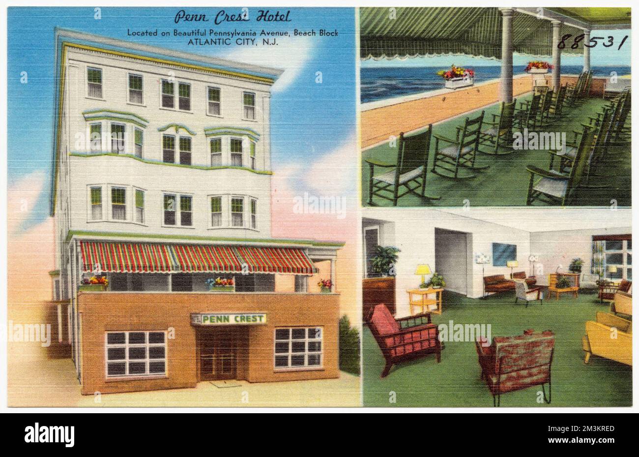 Penn Crest Hotel, ubicado en la hermosa Pennsylvania Avenue, Beach Block, Atlantic City, N.J. , Hoteles, Colección de los Hermanos Tichnor, postales de los Estados Unidos Foto de stock