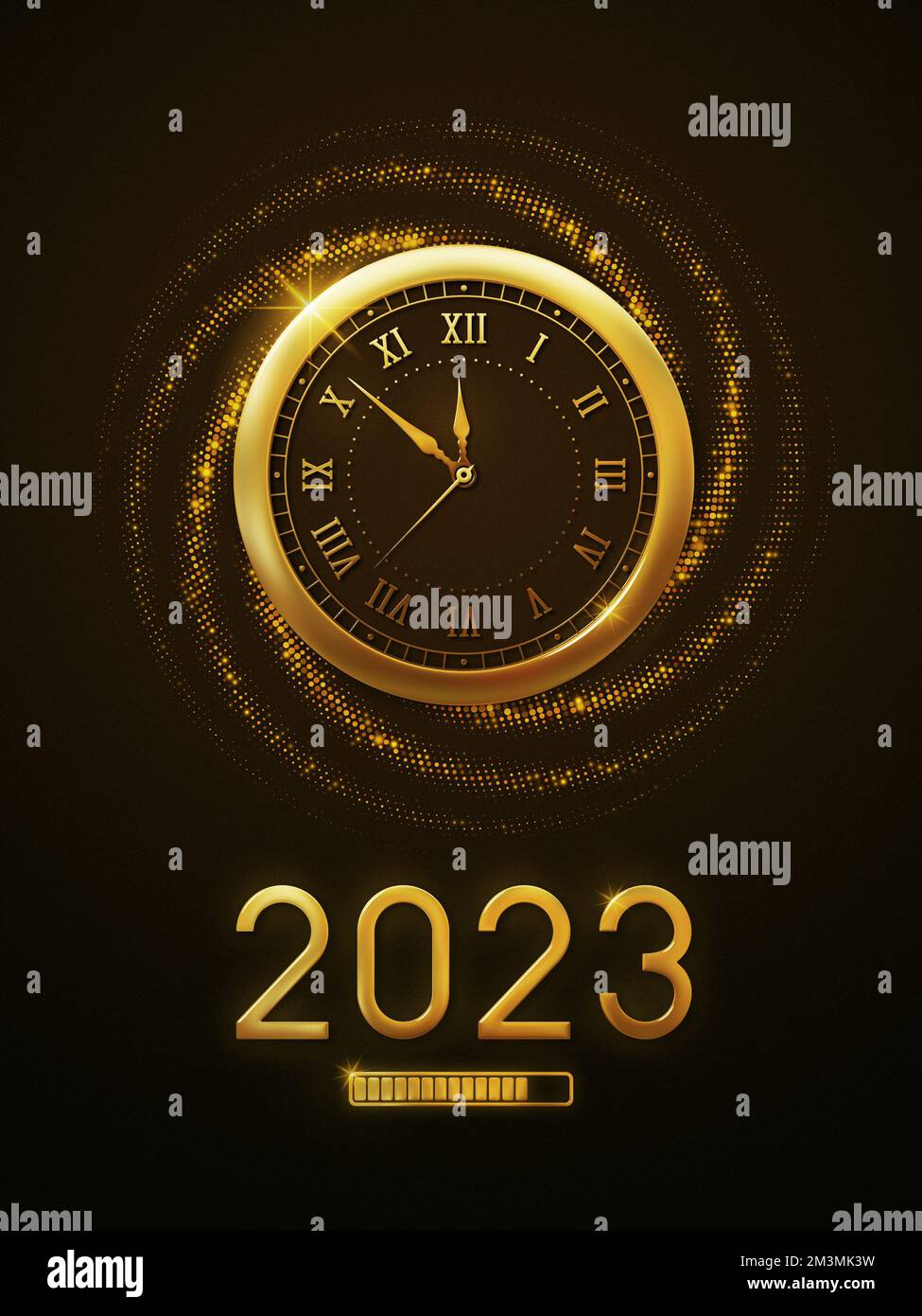 Año Nuevo 2023 Reloj de cuenta regresiva muestra el Año Nuevo 2023 cargando con un reloj de oro metálico y brillo. Feliz año nuevo 2023 Fondo de pantalla y fondo Foto de stock