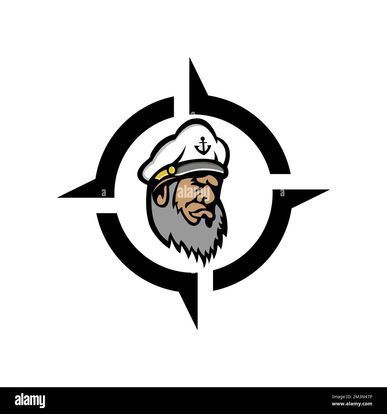 Vintage barbudo sailor fumando pipa, logotipo marino con capitán de mar en sombrero ILUMINACIÓN DE VECTOR AISLADO.EPS 10 Ilustración del Vector