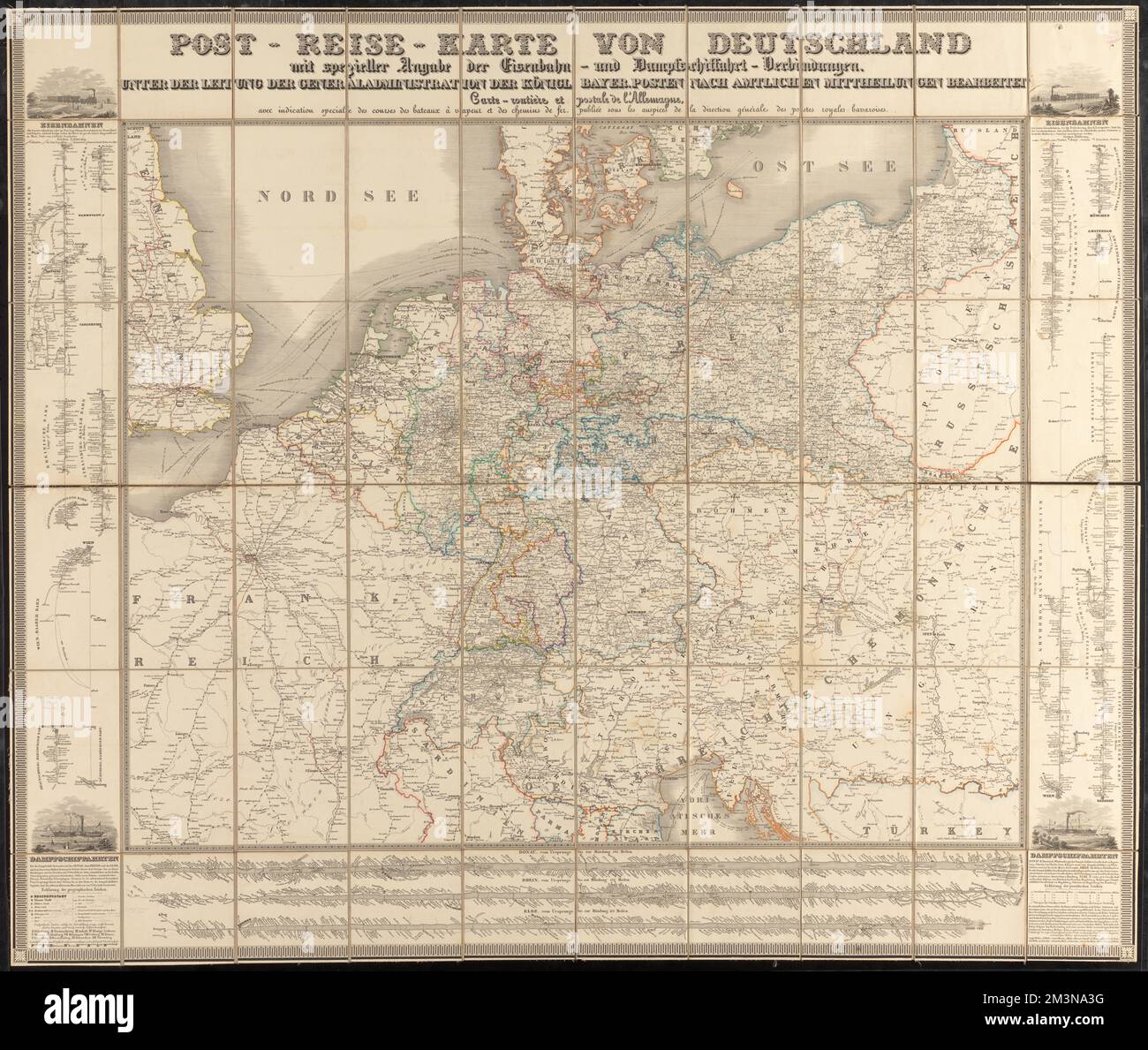 Post-reise-karte von Deutschland mit spezieller angabe der eisenbahn ...
