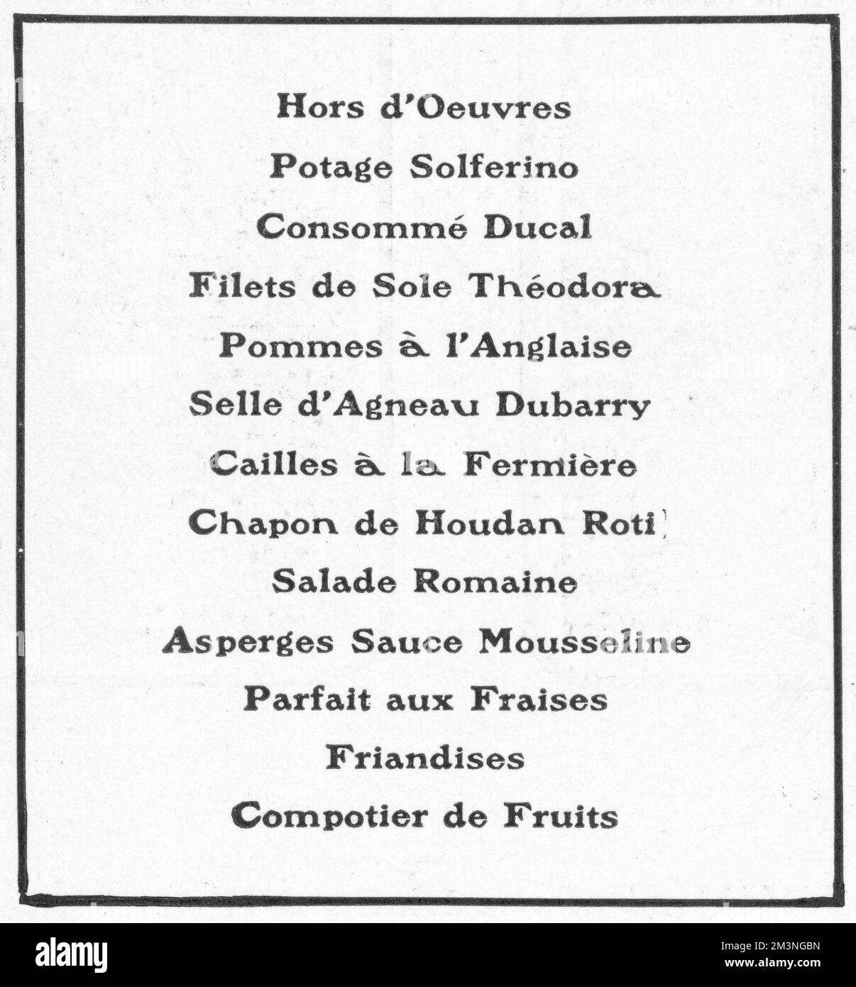 Además del famoso restaurante del Savoy en Londres, también hay un salle ???Anger en el mismo nivel en el que la cena se sirve a tiempo para los teatros. Este es el menú a finales de junio de 1901. Fecha: 1901 Foto de stock