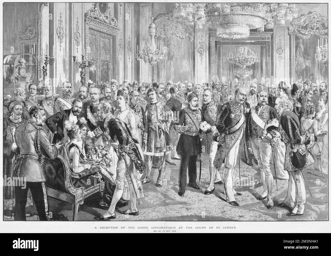 Una recepción del cuerpo diplomático en la corte real del Palacio de Santiago. Embajadores y ministros se mezclan y charlan con sus trajes oficiales. Entre los invitados más notables se encuentra el doyen M.W.H Waddington de Francia, segundo desde el extremo izquierdo, quien se dirige al embajador de Rusia, M. de Staal, a la derecha. El General de División Sir Christopher Teesdale, Maestro de Ceremonias de Su Majestad, puede verse de pie detrás de la silla en el primer plano de la derecha. Fecha: 1891 Foto de stock