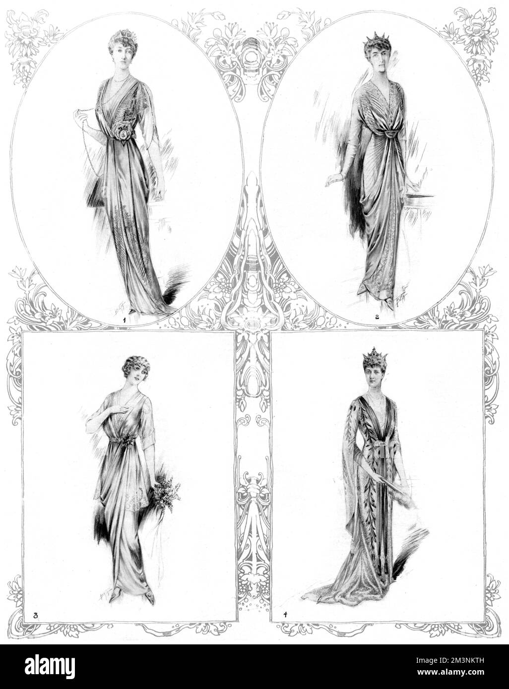 Cuatro de los vestidos diseñados para la boda de Arturo, Príncipe de Connaught y Alexandra, duquesa de Fife, que tuvo lugar en la Capilla Real, Palacio de San James, Londres, el 15 de octubre de 1913. Los vestidos eran para la Princesa Real, Madre de la Novia (arriba a la izquierda), la Princesa Victoria (arriba a la derecha), la Princesa Maud, Hermana de la Novia, una dama de honor (abajo a la izquierda), y la Reina Alexandra (abajo a la derecha). Los vestidos fueron hechos por Felix Barolet de Knightsbridge. Fecha: 1913 de octubre Foto de stock