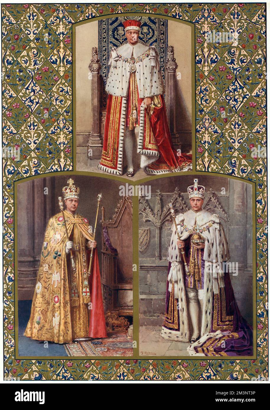 Un tríptico de pinturas de Fortunino Matania del rey Eduardo VIII vestido con sus trajes ceremoniales de coronación, parte de un número especial de Coronación preparado con antelación por The Illustrated London News pero nunca publicado debido al hecho de que el rey abdicó antes de que su coronación pudiera tener lugar. Fecha: 1936 Foto de stock