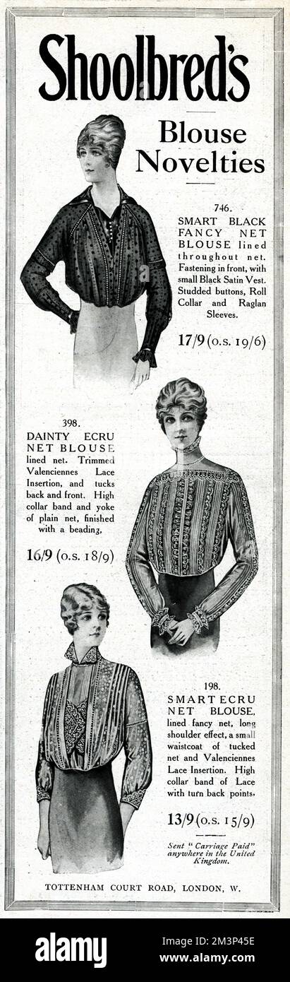 Anuncio de las blusas de Shoolbred, que ilustra tres ejemplos: Una elegante  blusa de red negra, una encantadora blusa de red ecru y una elegante blusa  de red ecru. 1914 Fotografía de