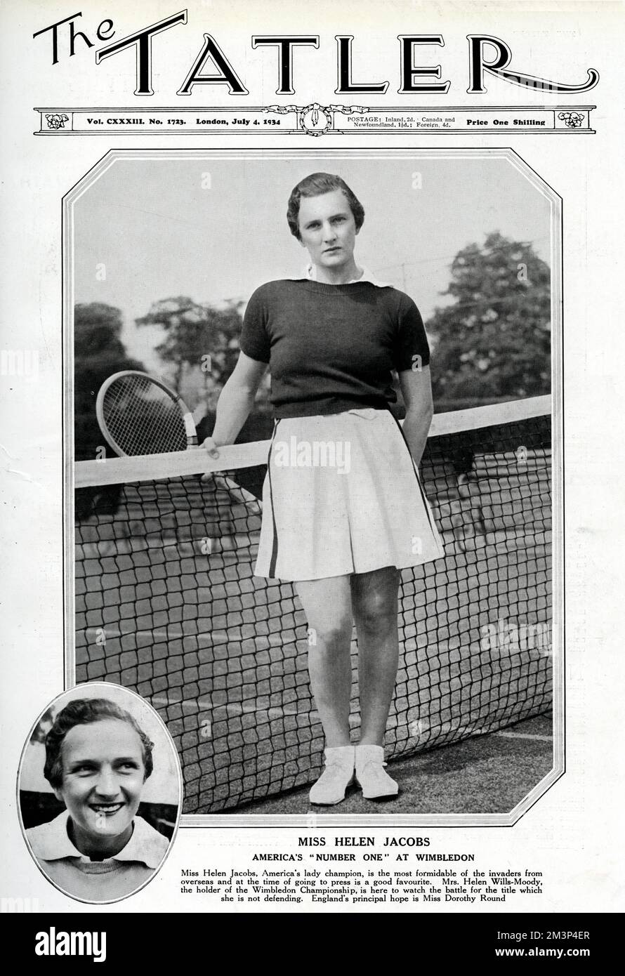Helen Jacobs (1908 - 1997), jugadora americana de tenis, ganó diez títulos de Grand Slam. 1934 Foto de stock