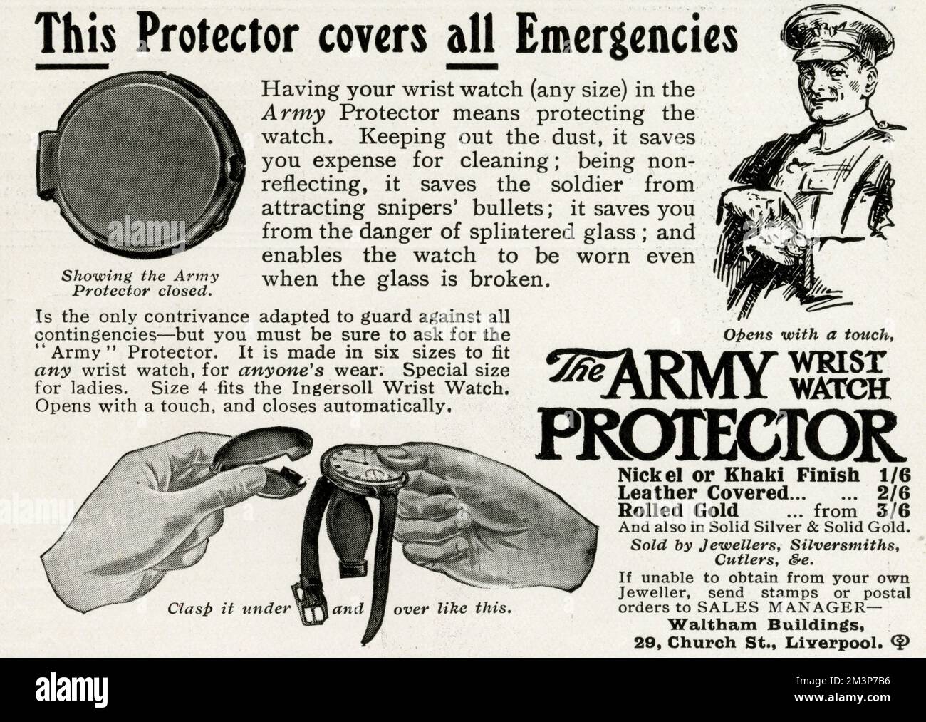 Un práctico protector de reloj de pulsera para los soldados durante la  Primera Guerra Mundial, que protege del brillo en el vidrio que  posiblemente atrae balas, de las astillas de vidrio roto