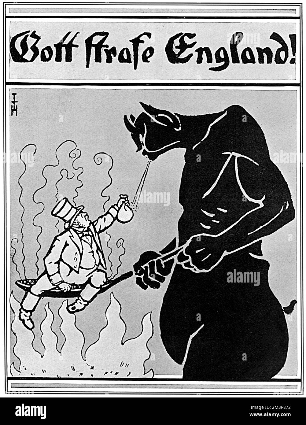 Una reproducción de un cartel alemán de la Primera Guerra Mundial reproducido en la revista Tatler y con el diablo fritando a John Bull sobre las llamas del infierno bajo el conocido lema alemán de 'Gott STRAFE Inglaterra,' (Dios Punish Inglaterra). El Tatler elige interpretar esto como evidencia clara de que el Dios de Alemania es, de hecho, el diablo. Fecha: 1915 Foto de stock