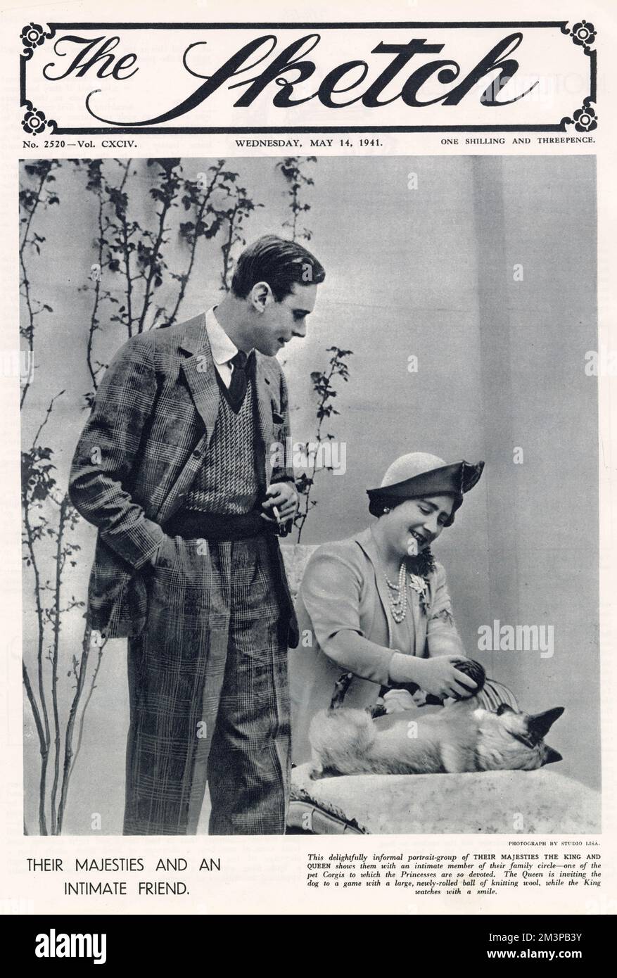 Portada de 'The Sketch' con el rey Jorge VI (1895 - 1952), con su esposa y consorte, la reina Isabel (1900 - 2002), y uno de sus corgis de perro mascota. Foto de stock