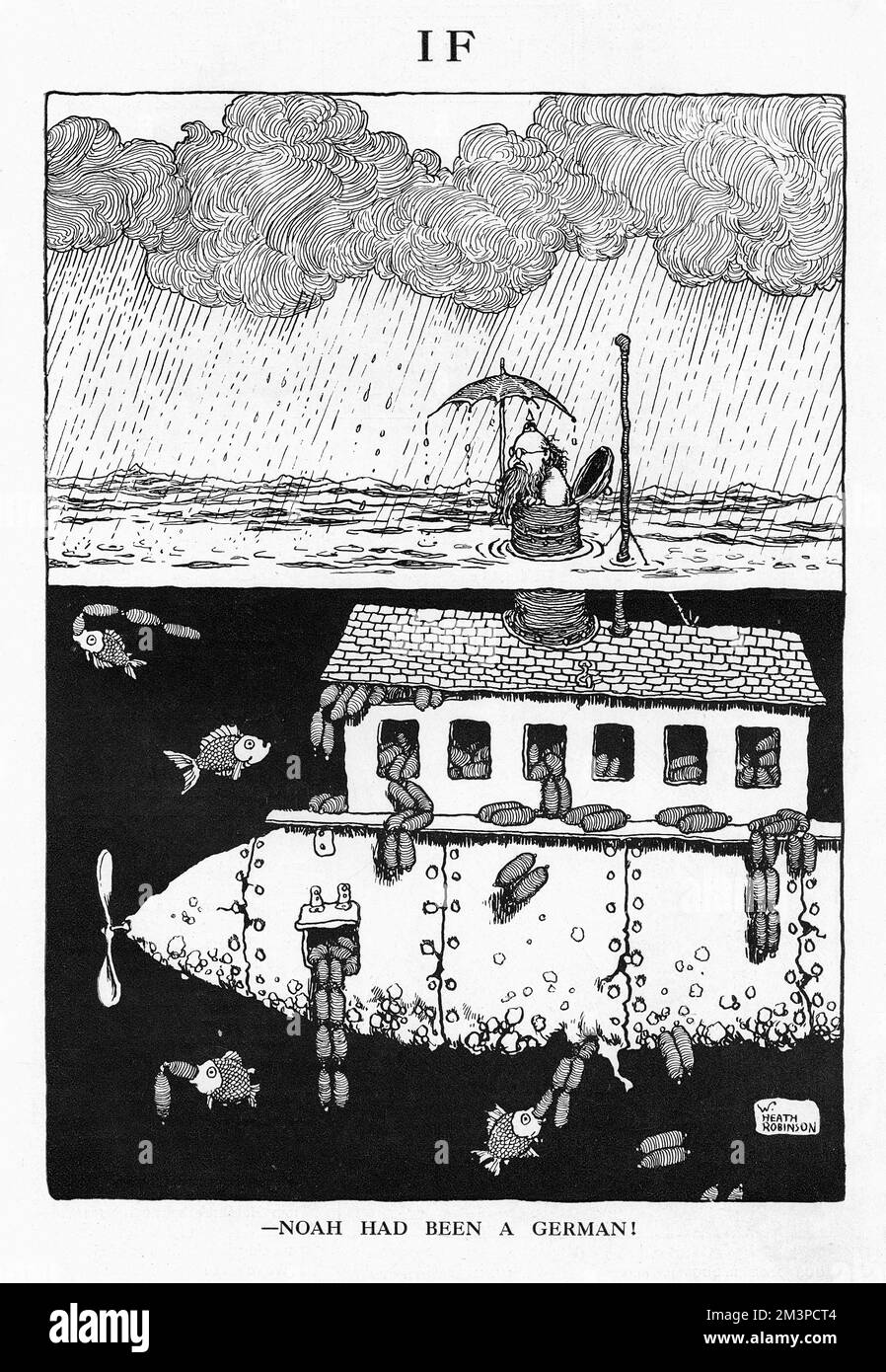'IF - Noah había sido un alemán' Una caricatura de William Heath Robinson que apareció en un número de The Bystander sobre el tema de 'If'. Heath Robinson imagina el arca de Noé como un U-Boat alemán, rebosante de salchichas Fecha: 1917 Foto de stock
