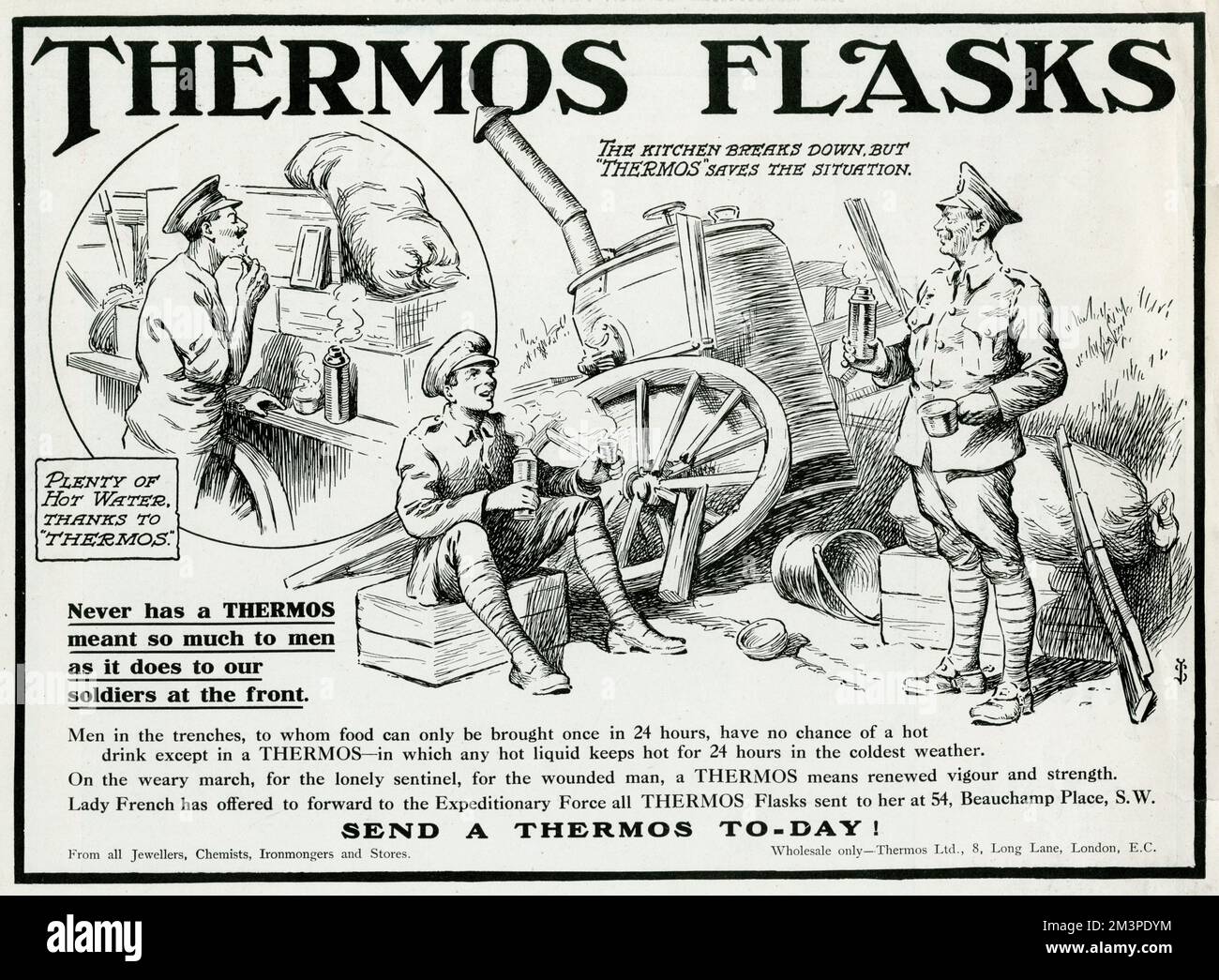 Publicidad de Jolly para Thermos Flasks, un accesorio esencial para lidiar  con la vida de las trincheras durante la Primera Guerra Mundial. El termo  permite una gran cantidad de agua caliente para