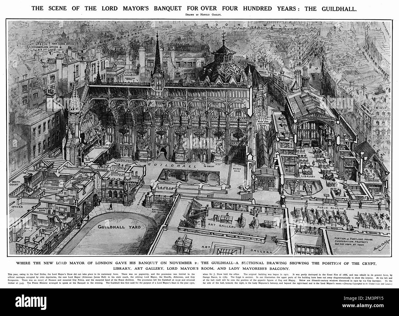 Dibujo seccional de la Guildhall de Londres que muestra la posición de la cripta, la biblioteca, la galería de arte, la habitación del señor alcalde y el balcón de la señora Mayoress. Fecha: 1920 Foto de stock
