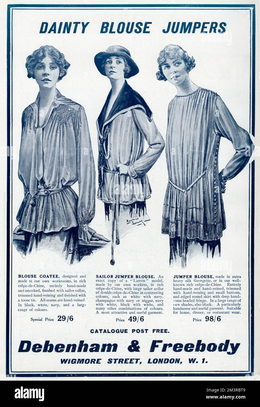 Debenham & Freebody anuncio de blusas para mujer con cuello marinero y  corbata suelta, blusa marinera y blusa jersey suelta con pequeños botones a  un lado. Fecha: 1917 Fotografía de stock - Alamy